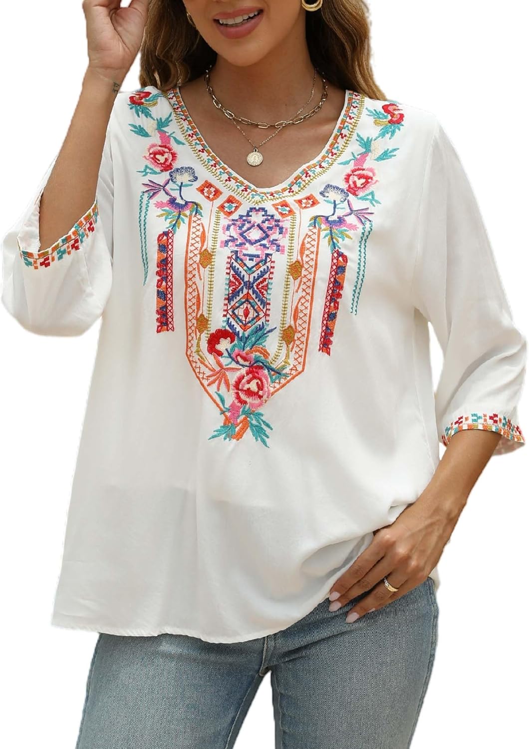 LauraKlein Women's Summer Boho Embroidery Mexican Bohemian Tops V Neck 3/4 Sleeve Causal Loose Shirt Blouse Tunic - Image 2
