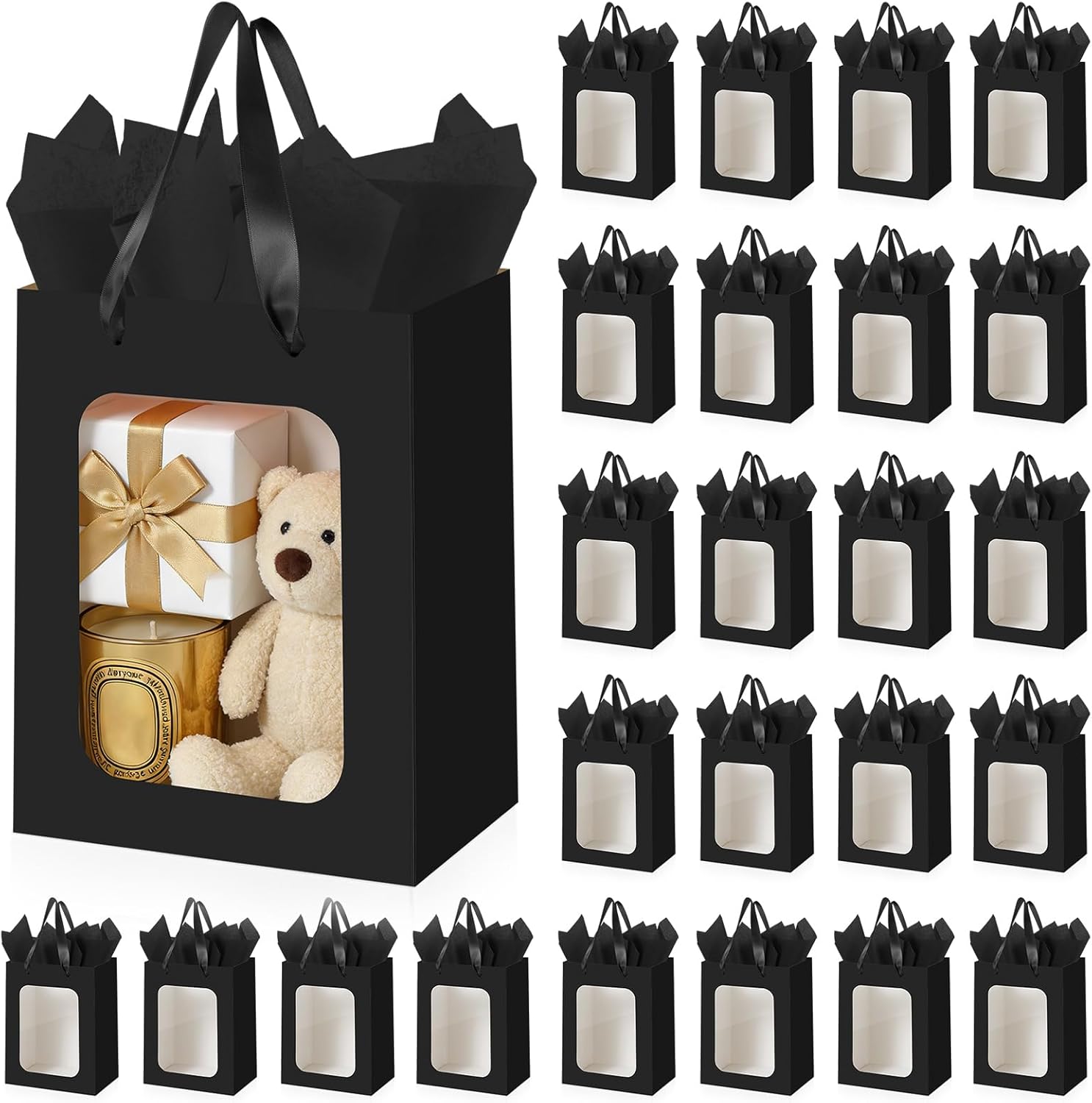 Ethhqu 24-Pack Black Kraft Gift Bags with Clear Window and Handles, Includes Tissue Paper, 9.8x7x5.1 Inches for Birthday Party, Baby Showers, Weddings,Valentine's Day, Easter (Black Gift Bags with Window, 24Pcs)