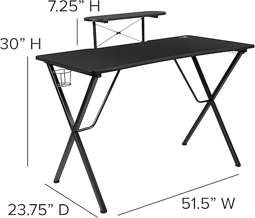 Miniatura 488 de Flash Furniture Juego de escritorio para juegos negro y silla de carreras blanco/negro con soporte para tazas, gancho para auriculares y soporte