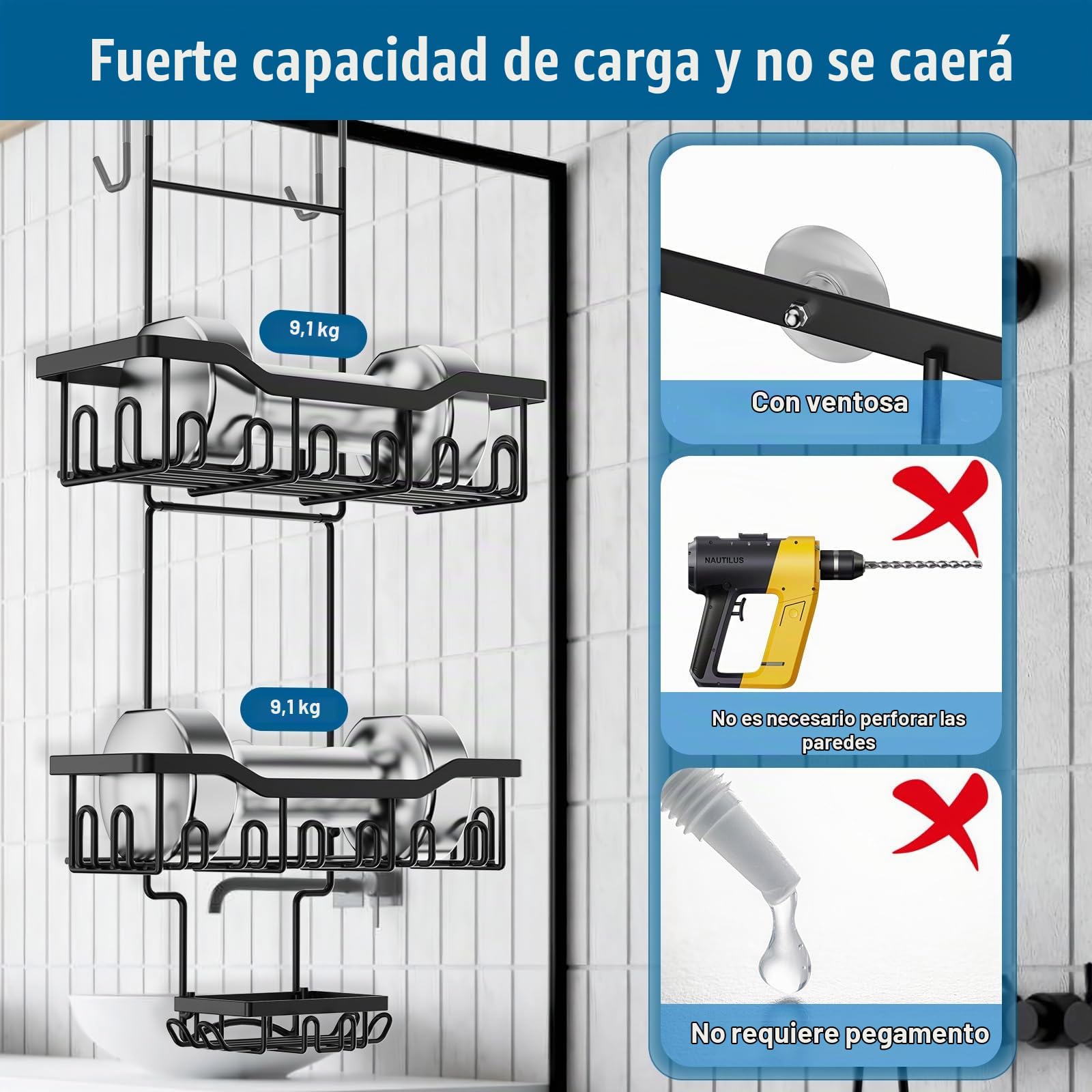 Estanteria Ducha para Colgar, Estante de Ducha para Puerta de Cristal y Puerta de Baño Champú y Gel de Ducha, Organizador Baño con Ganchos (Negro)