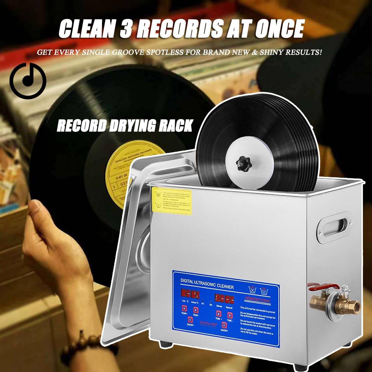 Macchina pulitore ad ultrasuoni per dischi in vinile, 180 W, 40 kHz, sistema di pulizia profonda per gioielli e dischi, pulisce professionalmente da 1 a 6 dischi in vinile