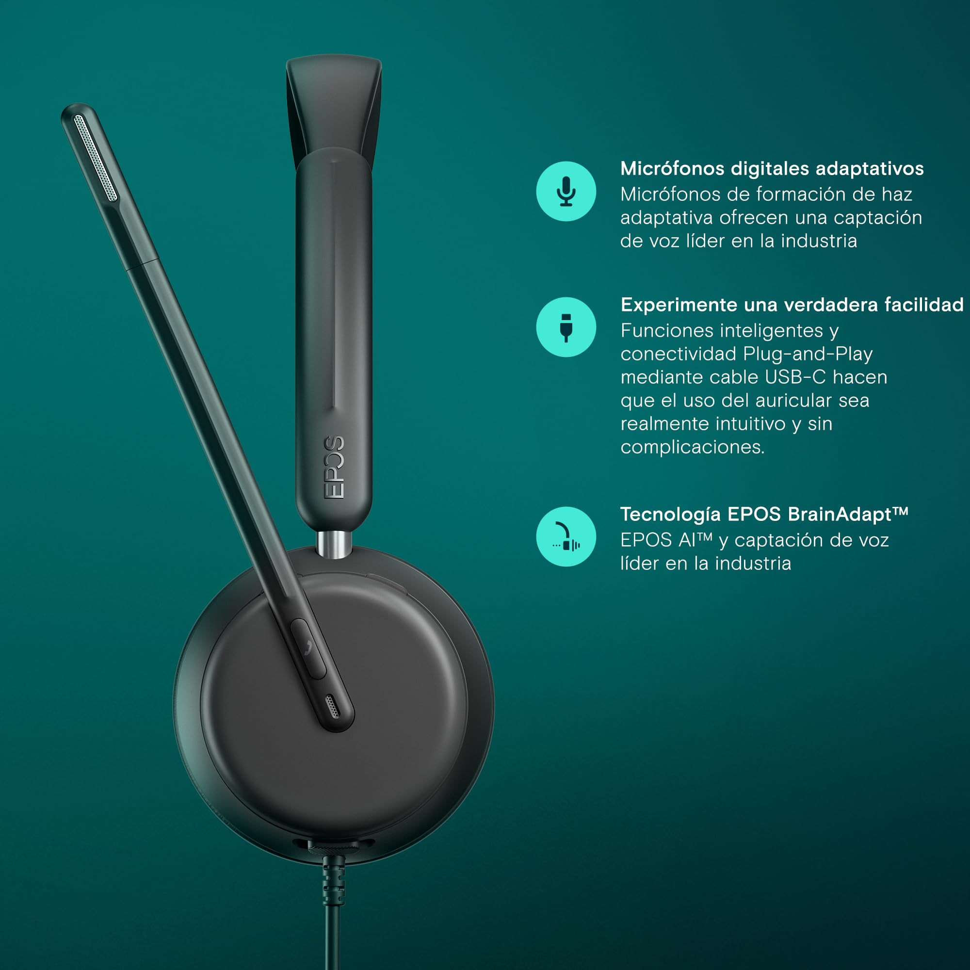 EPOS Impact 860 Auriculares con Cable USB-C y USB-A de Doble Auricular para PC con Micrófono con Cancelación de Ruido, Super Wideband, Sonido Potente, Comodidad para Negocios y Llamadas de Oficina