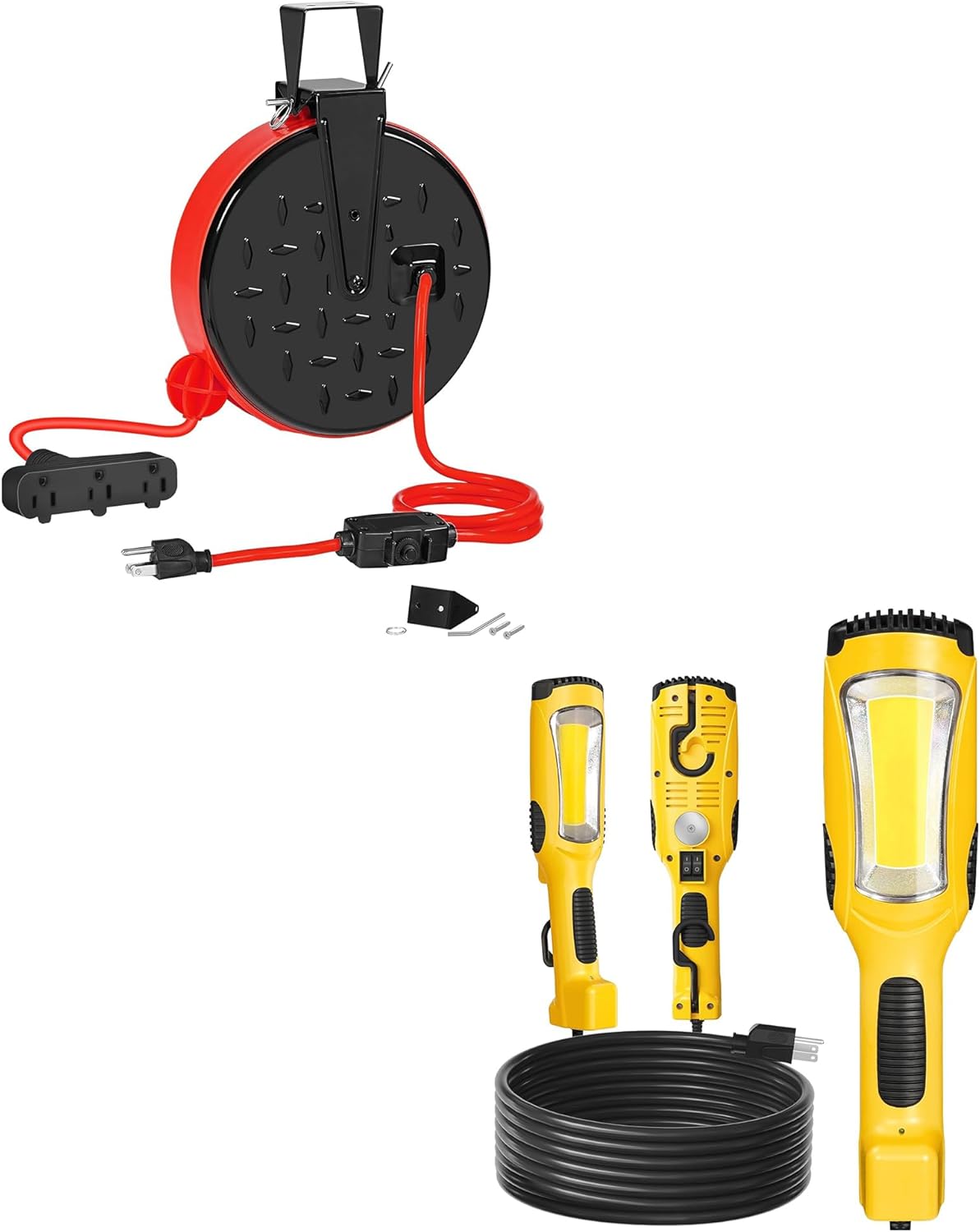 30 Ft Retractable Extension Cord Reel and 24W LED Work Light Bundle, for Garage and Shop R30CR06-Y06WL06