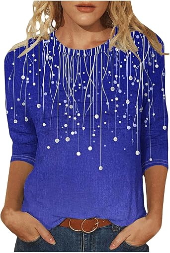 3/4 Length Sleeve Womens Tops Dressy Casual 2025 Floral Print Round Neck Cute Tunic Shirts Basic Tees Summer Blouses