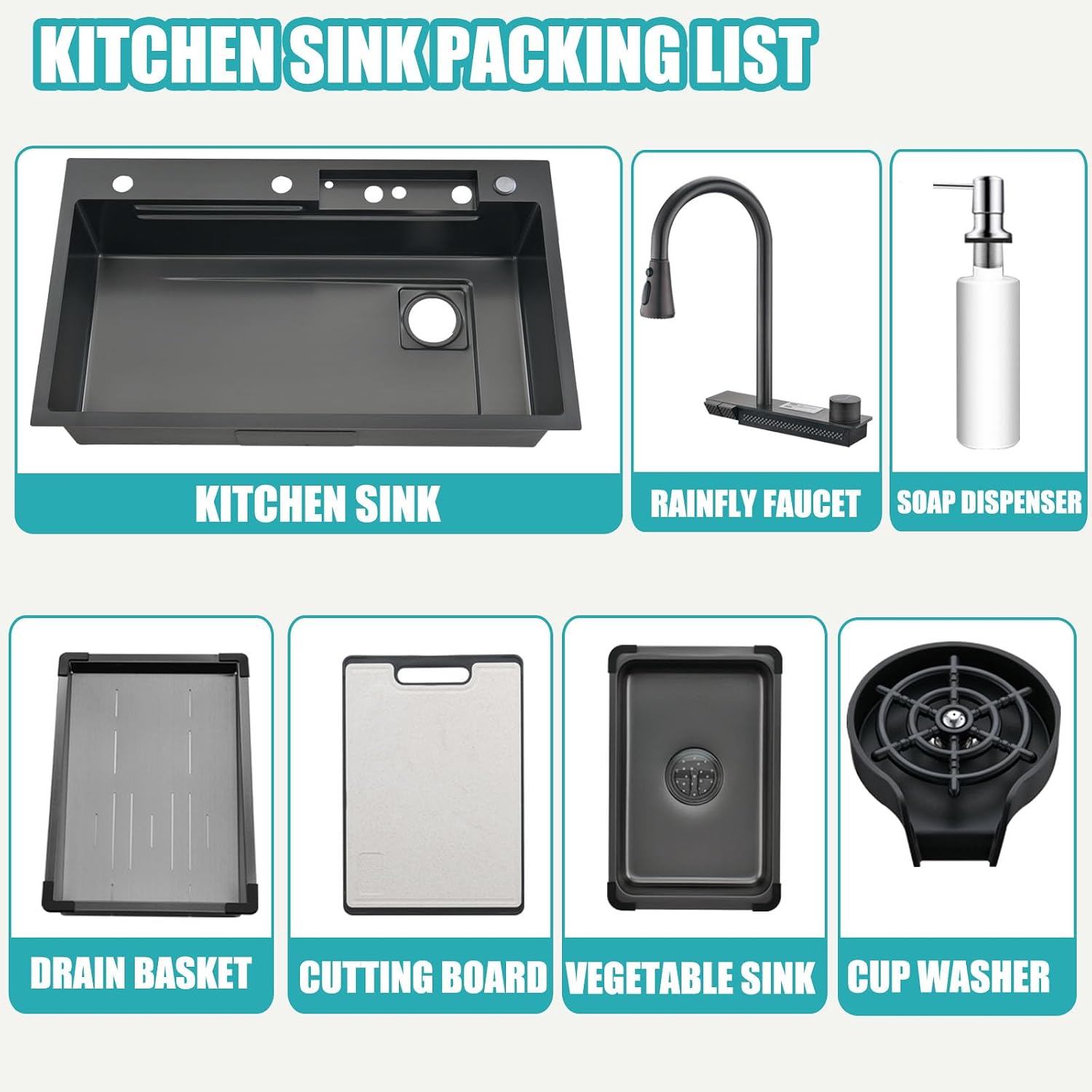 Nano Black Kitchen Single Bowl Sink Stainless Steel Waterfall Sink with Double button Pull-Out Tap,rain Basket,Cup washer, cutting board, vegetable washing basin (BLACK, 34X18")