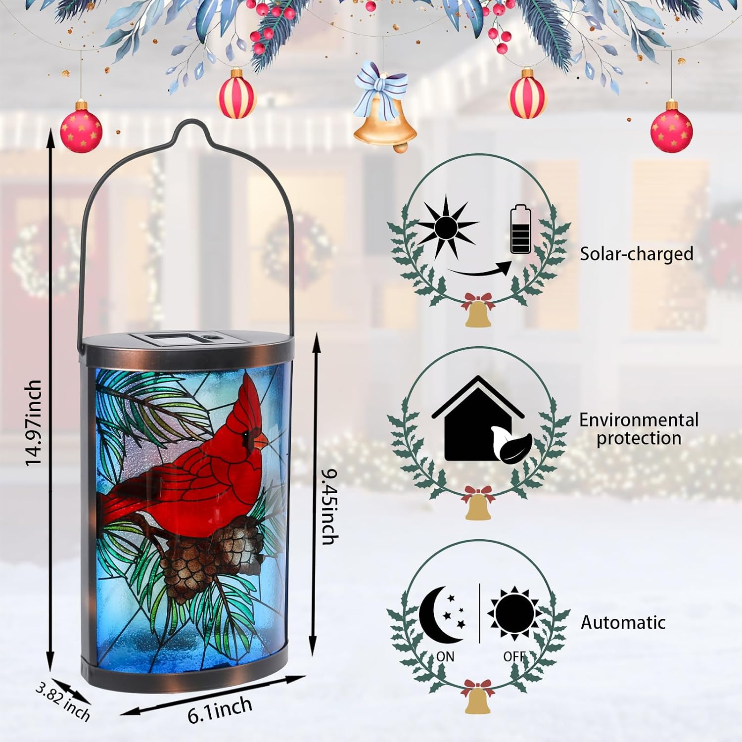 MUMTOP Hanging Solar Lanterns Outdoor Waterproof, Christmas Lantern Cardinal Solar Lights Outdoor Decorative Solar Lanterns Tabletop Lamp for Patio Garden Yard Christmas Decor