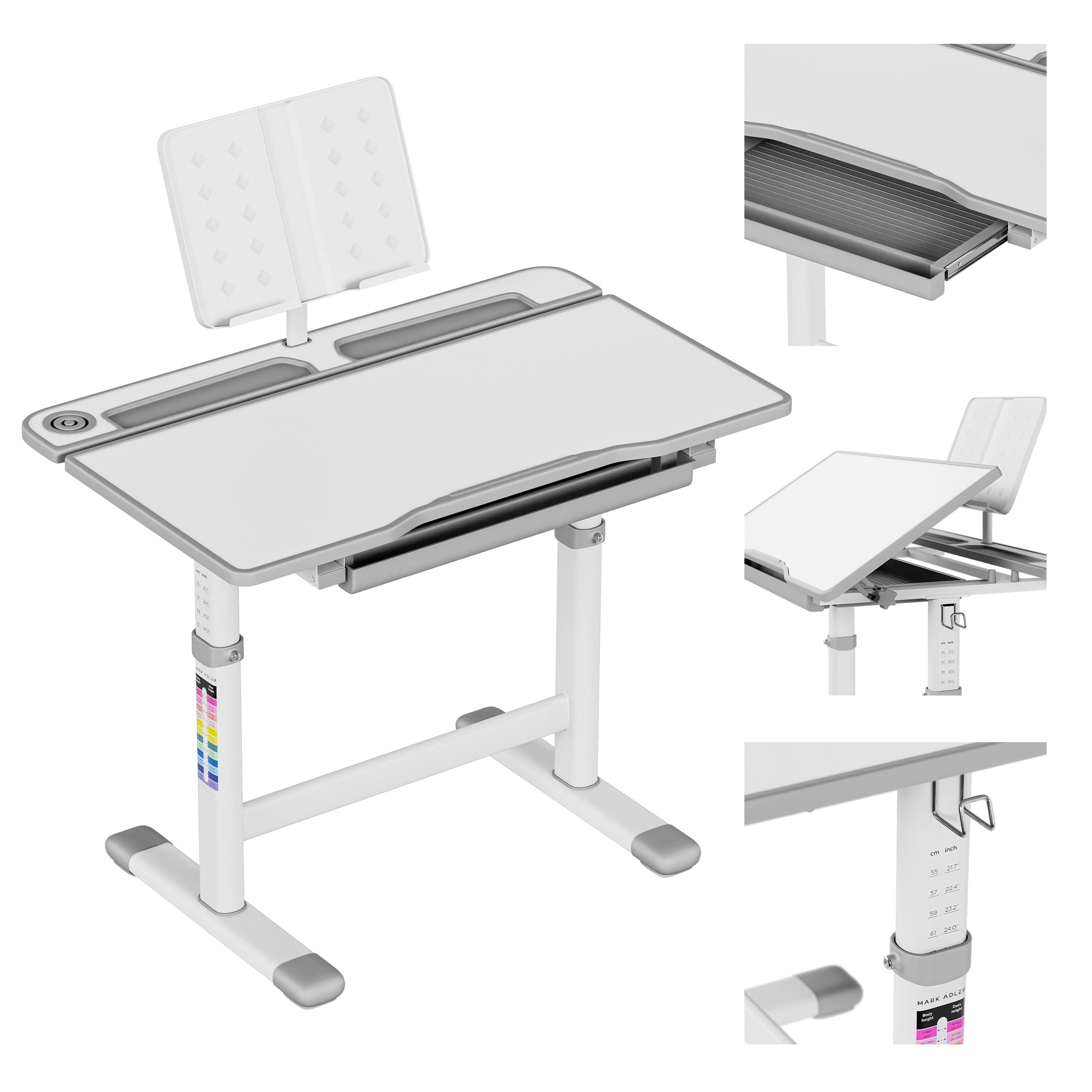 MARK ADLER Study 3.0 Bureau Ergonomique pour Enfants | Hauteur Réglable | Plateau inclinable | Tiroir de Rangement | Conception Robuste | Parfait pour étudier et Dessiner | Mobilier éducatif | Gris