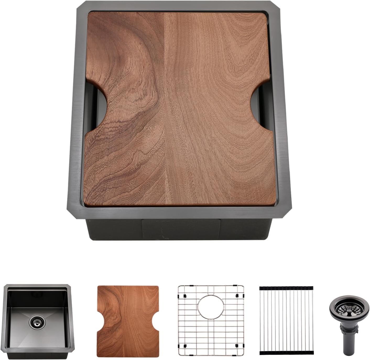 Black Undermount Bar Sink, 12 x 15 Inch Black Stainless Steel Undermount Small Basin Wet Bar Single Bowl RV Kitchen Sink with Cutting Board Black 12"x15"x9"