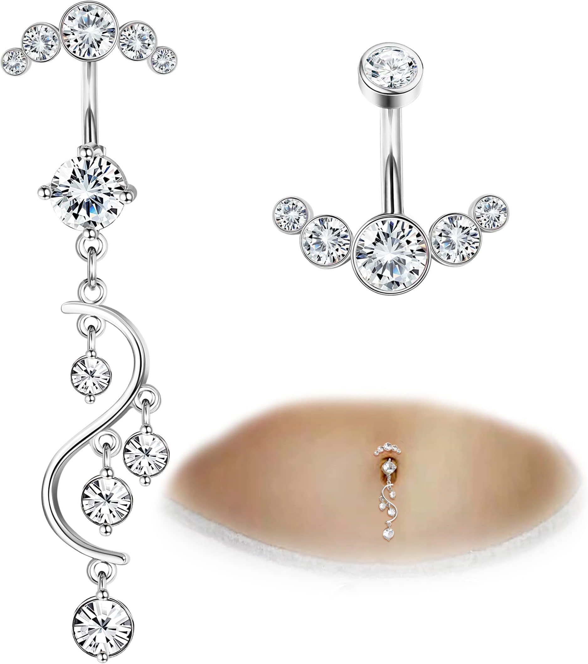 Crystal Belly Button Ring for Women Unique 14G 316L Stainless Steel Dangle Belly Rings Belly Piercing Jewelry Navel Barbell Bling Crystals Body Jewelry