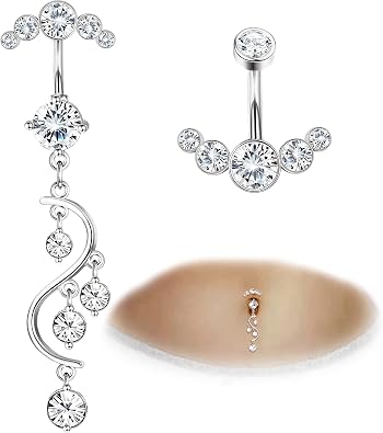 FIASASO Crystal Belly Button Ring for Women Unique 14G 316L Stainless Steel Dangle Belly Rings Belly Piercing Jewelry Navel Barbell Bling Crystals Body Jewelry