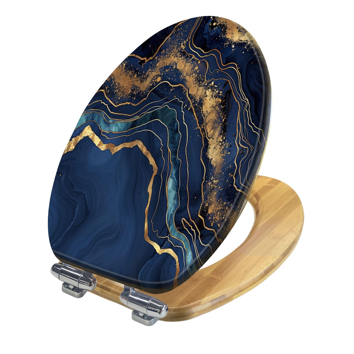 Sedile WC Allungato Decorativo In Legno con Copriwater, Texture Astratta In Pietra Artificiale Blu Scuro con Lamina Dorata Effetto Agata, Facile Da Installare, Chiusura Silenziosa, Cerniere