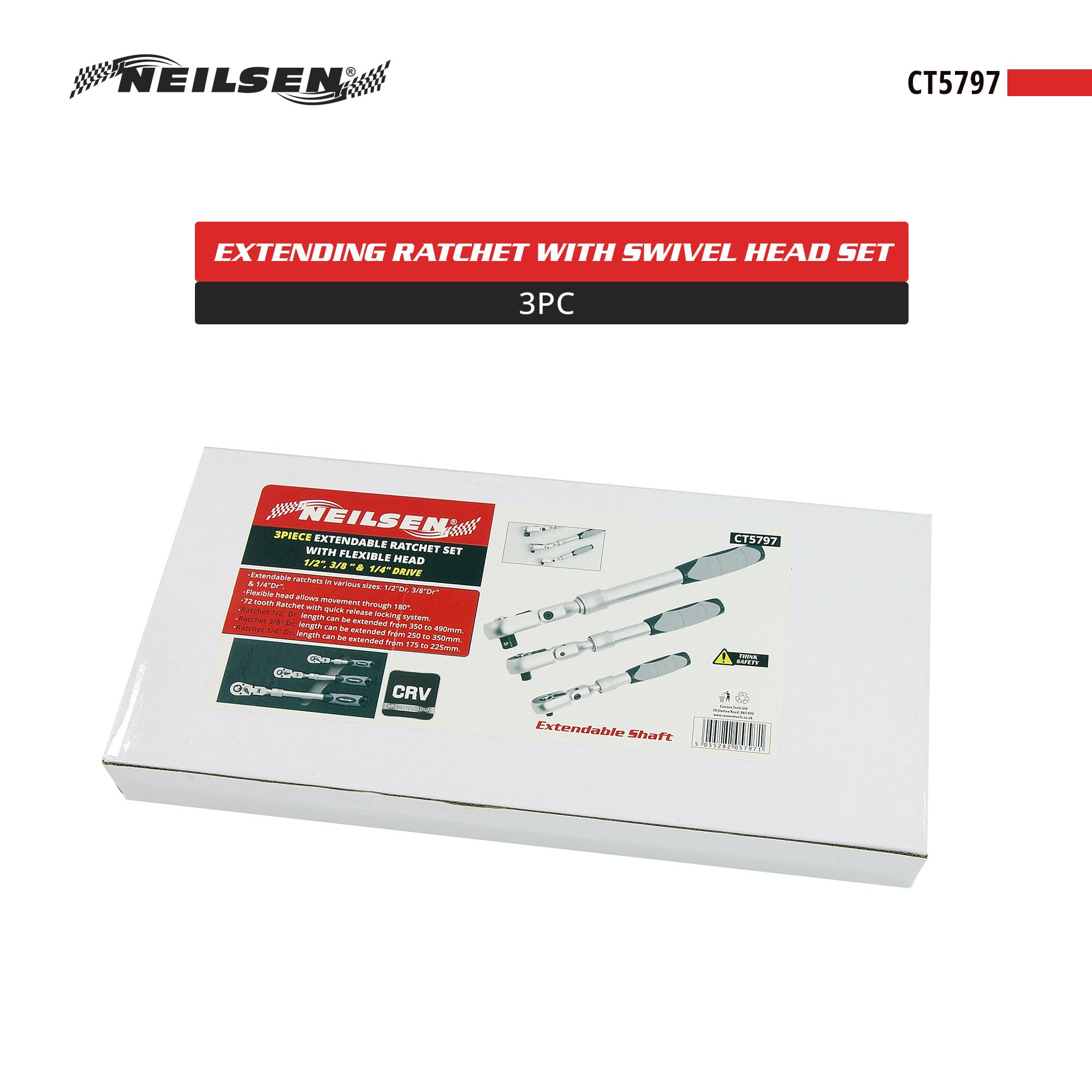 Neilsen CT5797 Juego de trinquetes extensibles 3 piezas cabezal giratorio 18 grados accionamiento 1/10.2 cm 3/20.3 cm 1/5.1 cm mecanismo 72 dientes