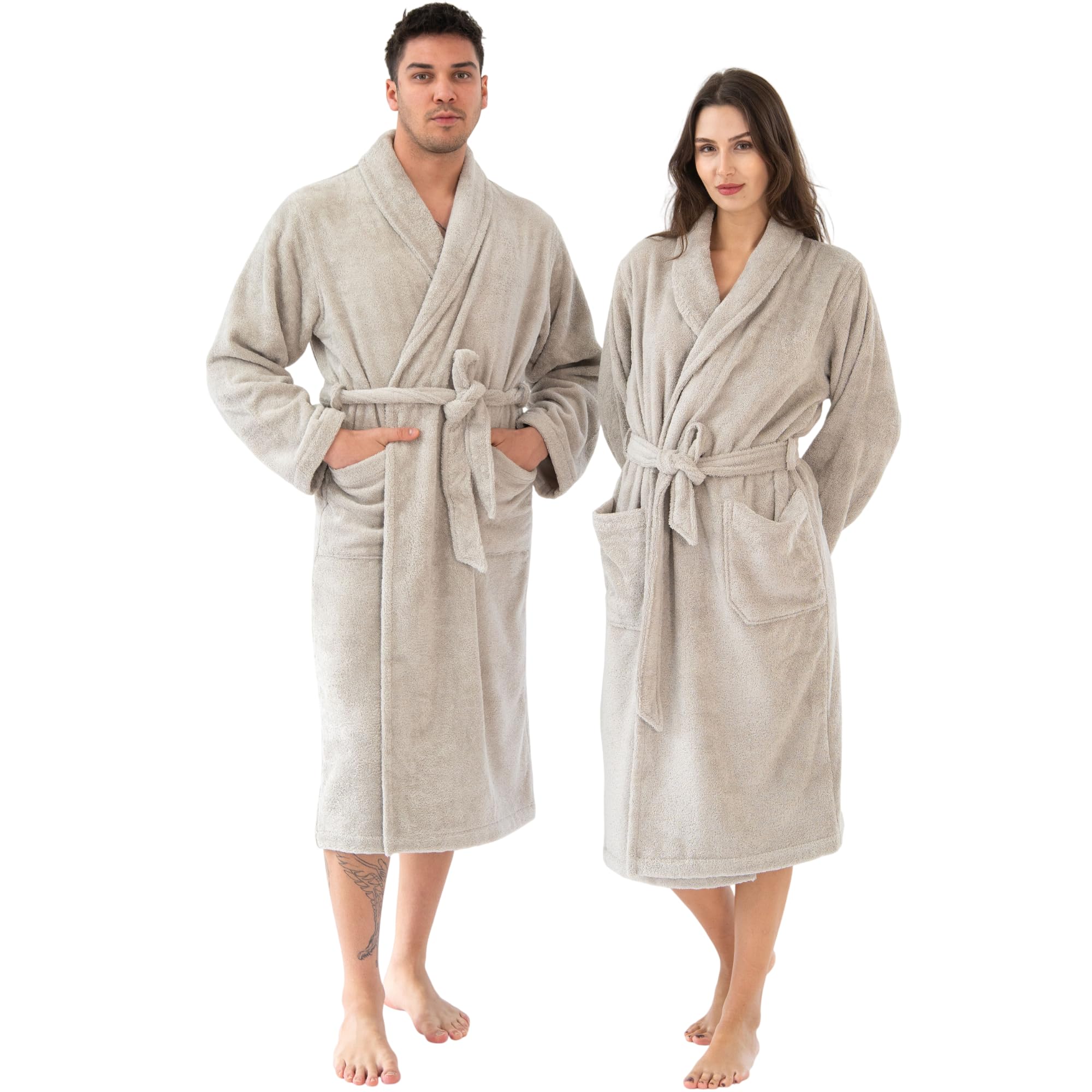 Frottee Bademantel Damen Herren aus 100% Baumwolle – OEKO-TEX Standard – weich und saugfahig – Morgenmantel mit Schalkragen – Gürtel und Taschen für Sauna und Spa