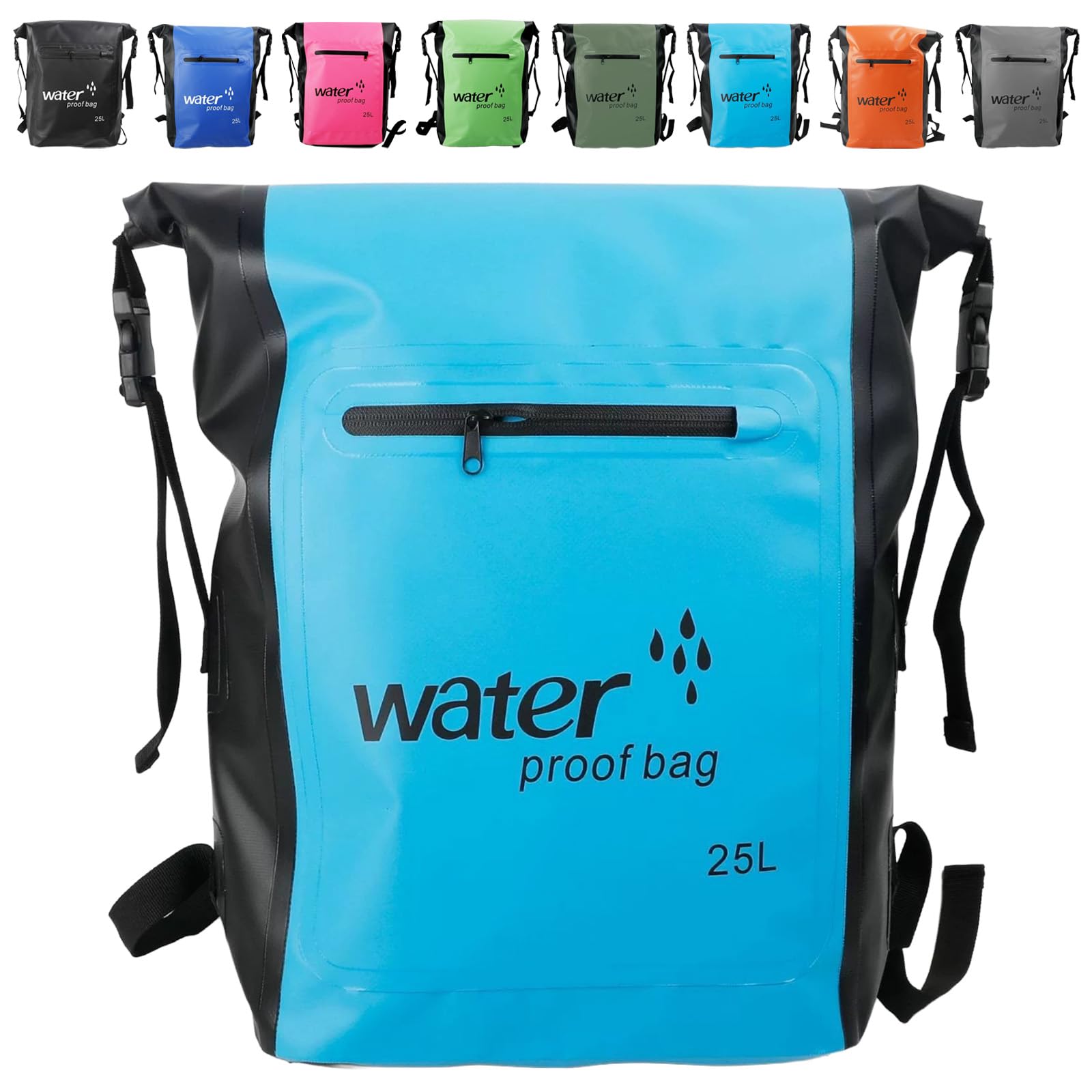 MORAINJAY 25L Waterproof Backpack with Pocket,Large Captity Sky Blue Dry Bag with Long Adjustable Shoulder Strap,500D PVC Reinforced Design Dry Sack for Camping,Swimming,Hiking&Outdoor Adventures