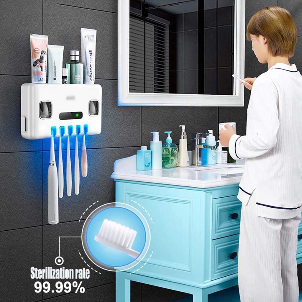 TJH Esterilizador de Cepillo de Dientes eléctrico Inteligente, Secador de esterilización con Cepillo de Dientes UV,Juego de Vasos de Cepillado para Bastidor montado en la Pared -Cuide la Salud bucal