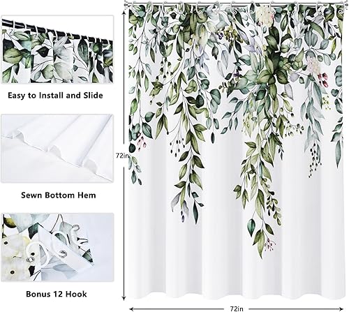 Miniatura 6 de Cortina de ducha verde para baño, juego de cortinas de ducha de hojas verdes en acuarela, cortina de ducha impermeable para plantas, cortinas de