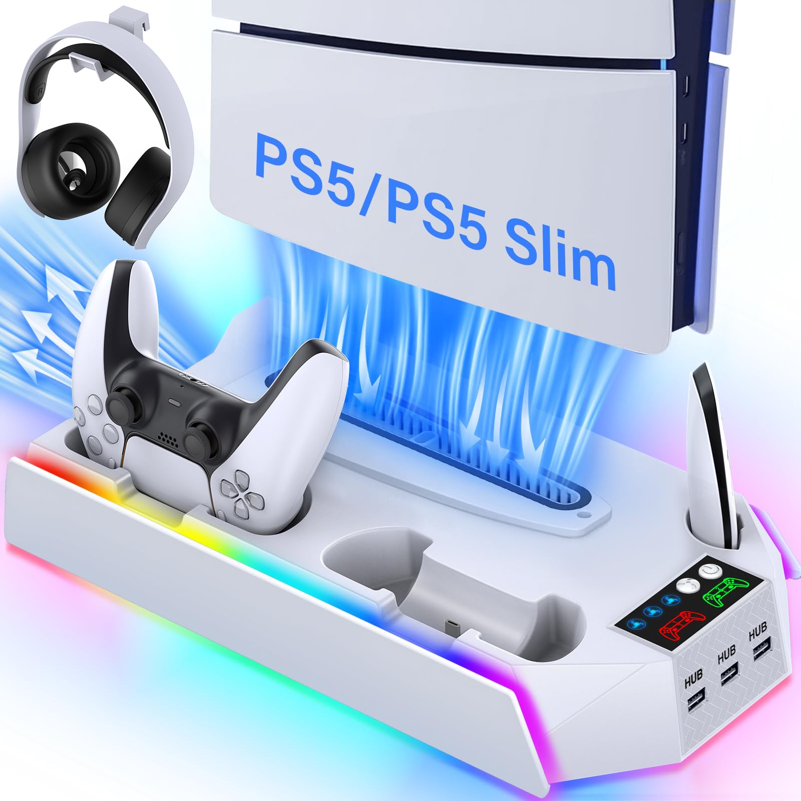 PS5/PS5-Slim-Cooling-Station-with-Controller-Charging-Station for PlayStation 5 Console Disc/Digital, LED RGB Light Cooling Stand with Cooler Fan for PS5 Accessories with 3 USB Hubs/Headset Holder