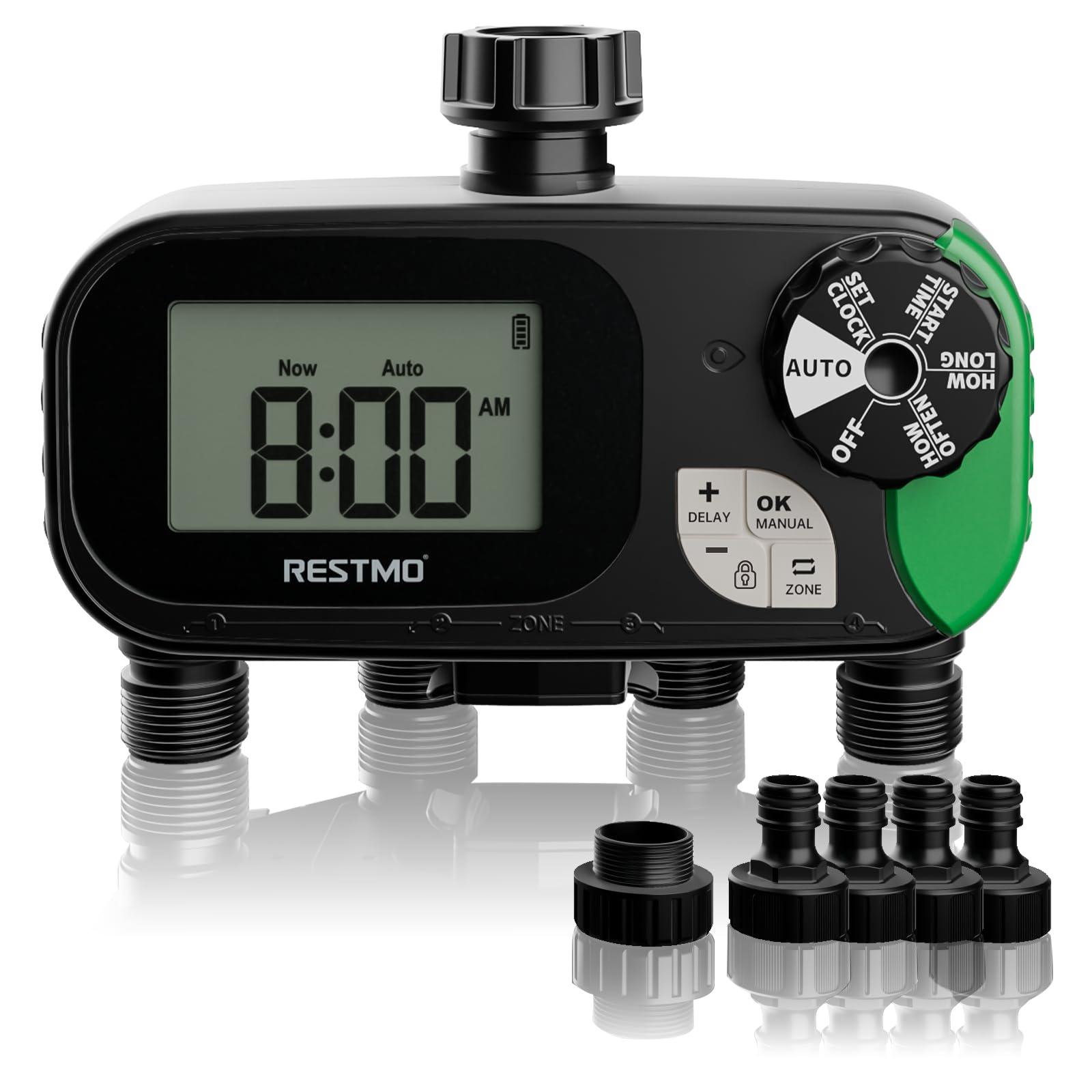 RESTMO Timer per acqua programmabile, sistema di irrigazione per tubo da giardino, 3 modalità di irrigazione, timer per rubinetto esterno, sistema di irrigazione prato, 4 zone