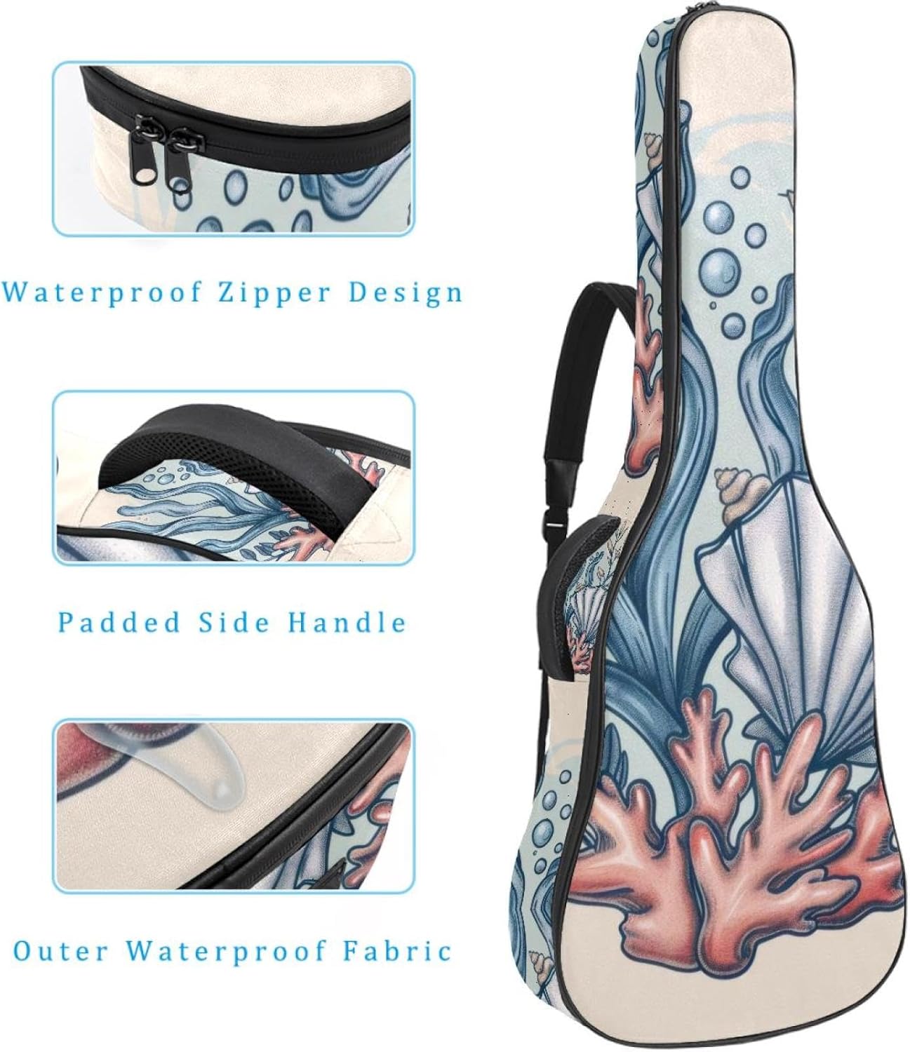 Acoustic Guitar Bag 0.4 Inch Thick Padding Waterproof Guitar Case Gig Bag for 40 41 42 Inch Electric Bass Classical Guitar, Undersea Life Seashells Corals