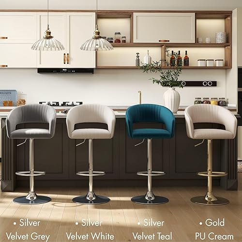 Miniatura 8 de Juego de 2 modernas sillas de bar de cocina con base plateada, taburetes de bar giratorios ajustables con respaldo y reposapiés, taburetes de