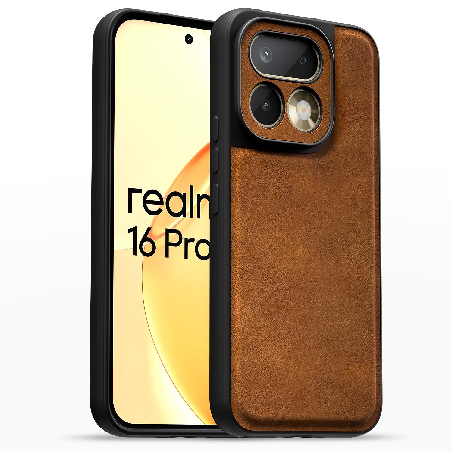 Amazon Basics Back Cover for Realme 16 Pro 5G | Premium PU Leather | Soft Touch Finish | Full Camera Protection | Raised Edge Bumper Case (Brown)