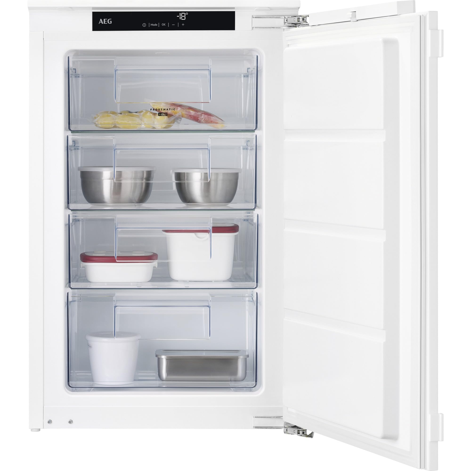AEG Einbau-Gefrierschrank 88cm, Serie 6000 LowFrost: weniger Eisbildung für leichteres Abtauen, 4-Sterne Gefrierraum 98L, LCD-Display, Schnell-Gefrier-Funktion, Temperaturalarm, Festtür, TAB6L88EF