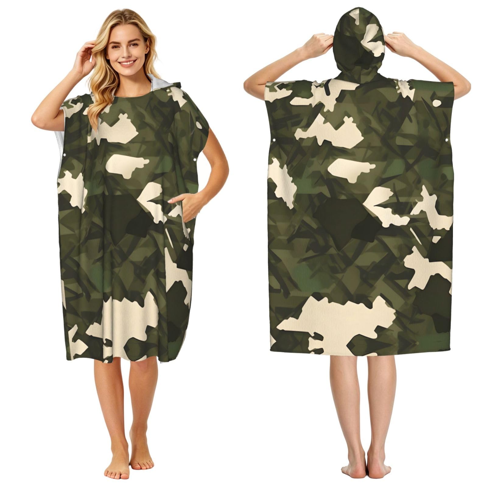 Zaixiansj 110cm Army camouflage Print Adult Changing Robe Hooded Towel Poncho Surf Swim Beach Cover Up with Pockets