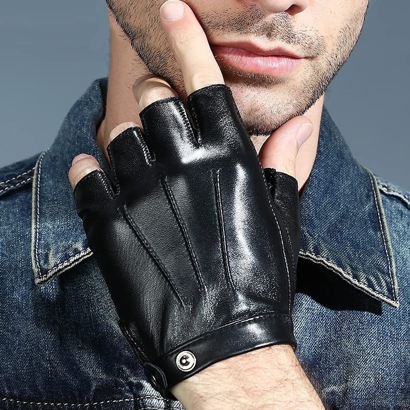 Guantes de invierno Guantes de cuero genuino para hombres y mujeres, guantes sin dedos para amantes, guantes negros de medio dedo para exteriores, guantes tácticos para conducir de cuero para hombres