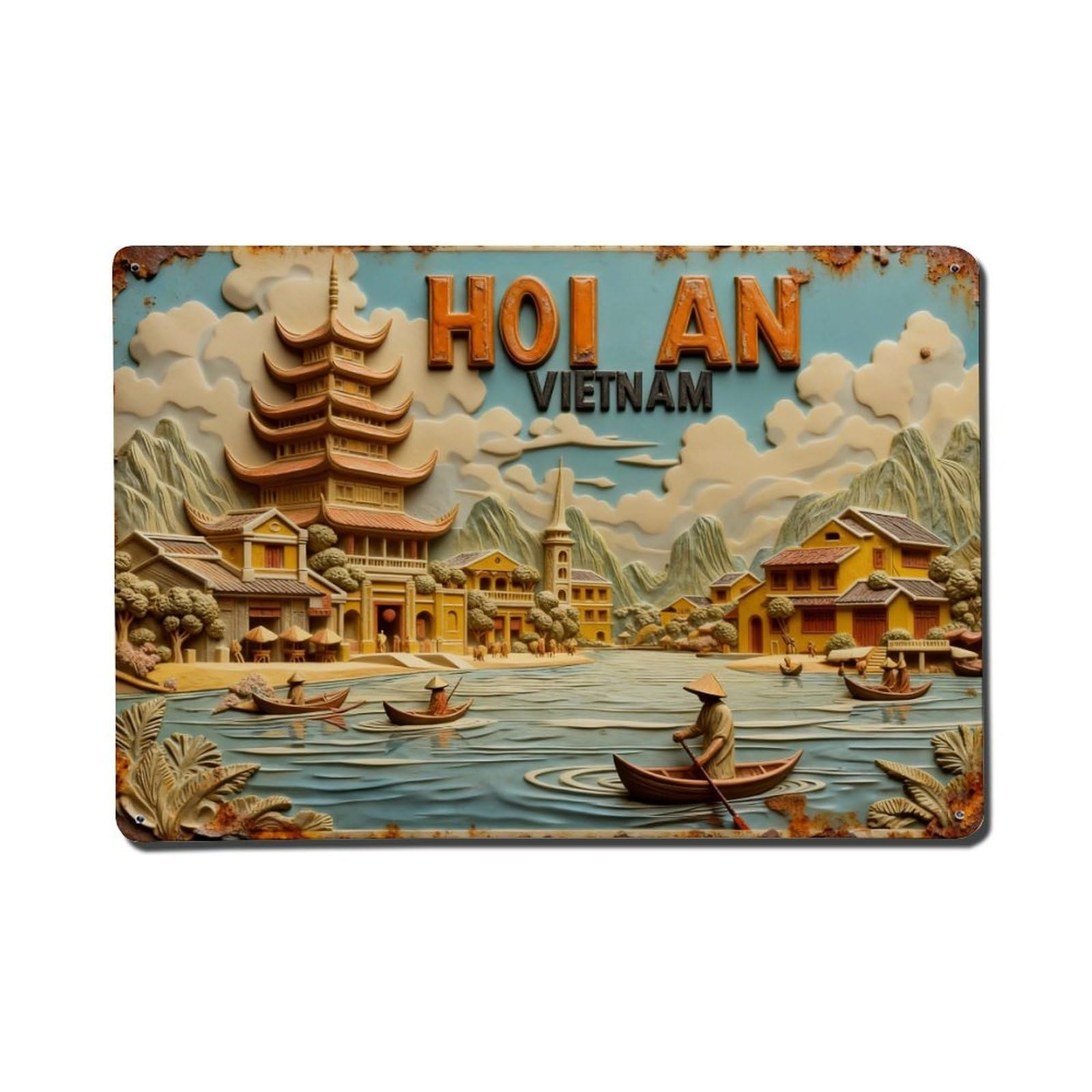 Hoi An Vietnam River Scene Temple Tin Sign Vintage Metal Sign Home Bar Garden Indoor & Outdoor Wall Decor Retro Metal Poster 8x12 Inch