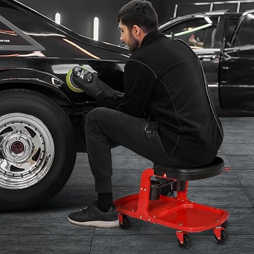 Miniatura 3 de M-AUTO Asiento de rodillo de garaje resistente, taburete mecánico de tienda con bandeja de herramientas y estante de equipo, asiento de enredadera