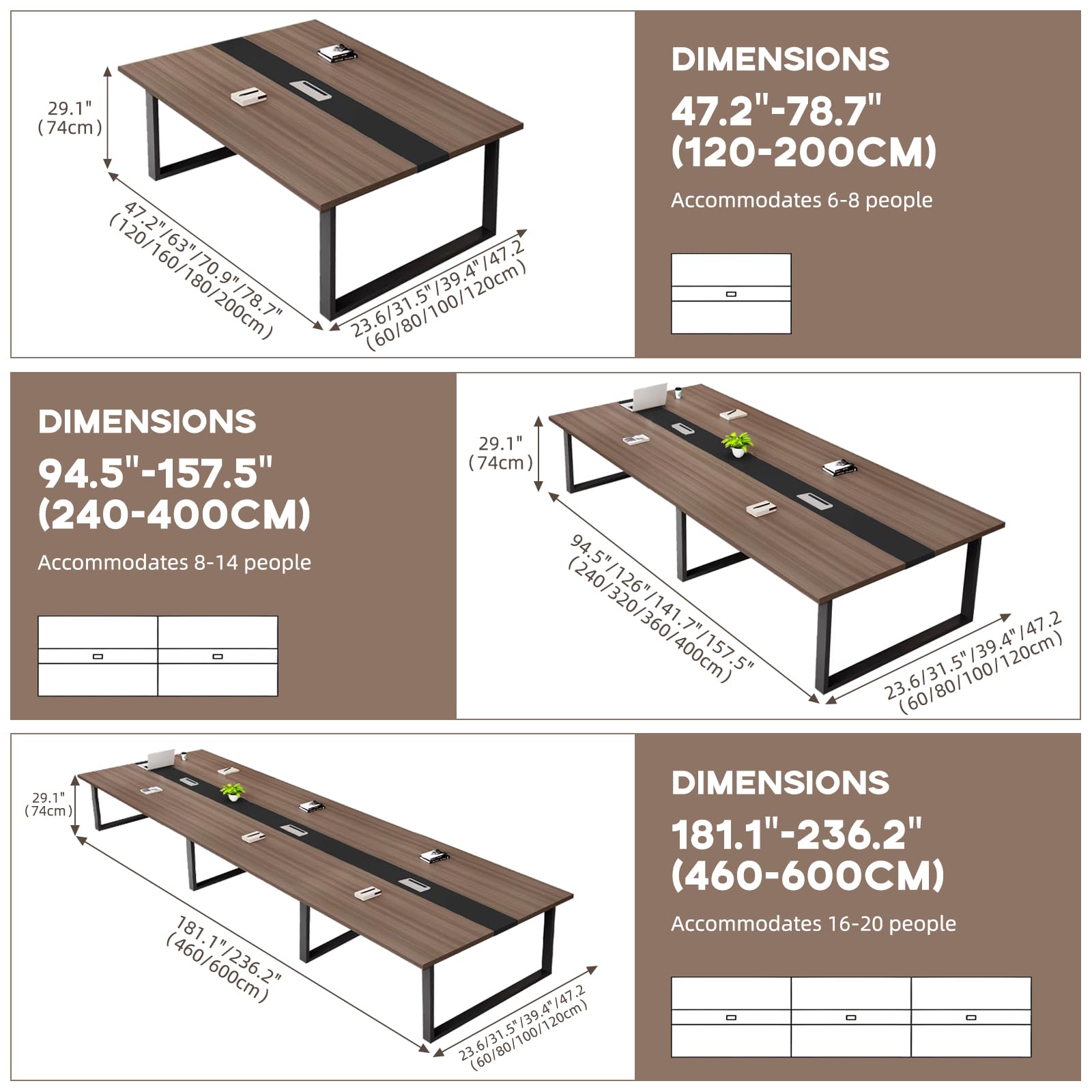 Tavolo da conferenza moderno per 8-12 persone, tavolo riunioni Slish con cavo, metallo nero, tavolo versatile in legno per allenamento e seminari per ufficio e sale conferenze