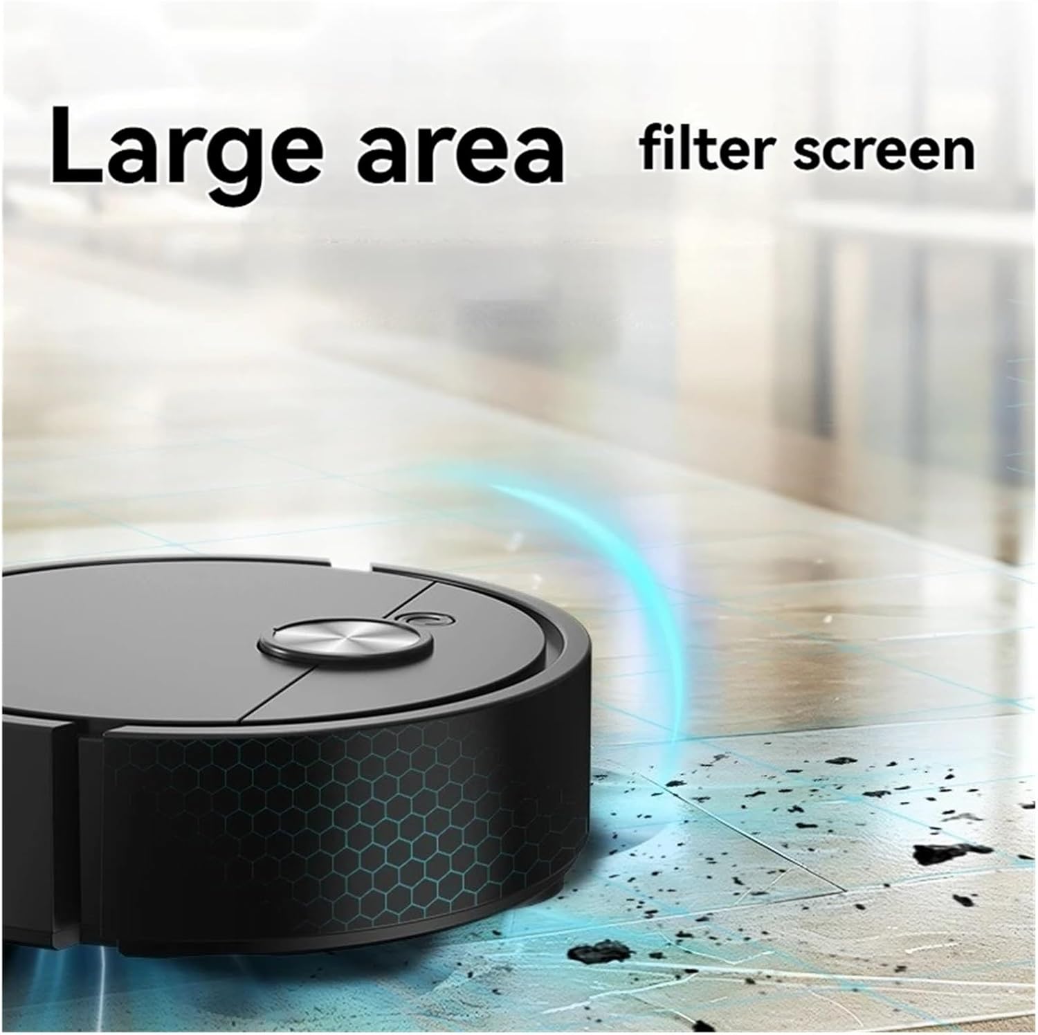 Black robot vacuum highlighting its large area filter screen