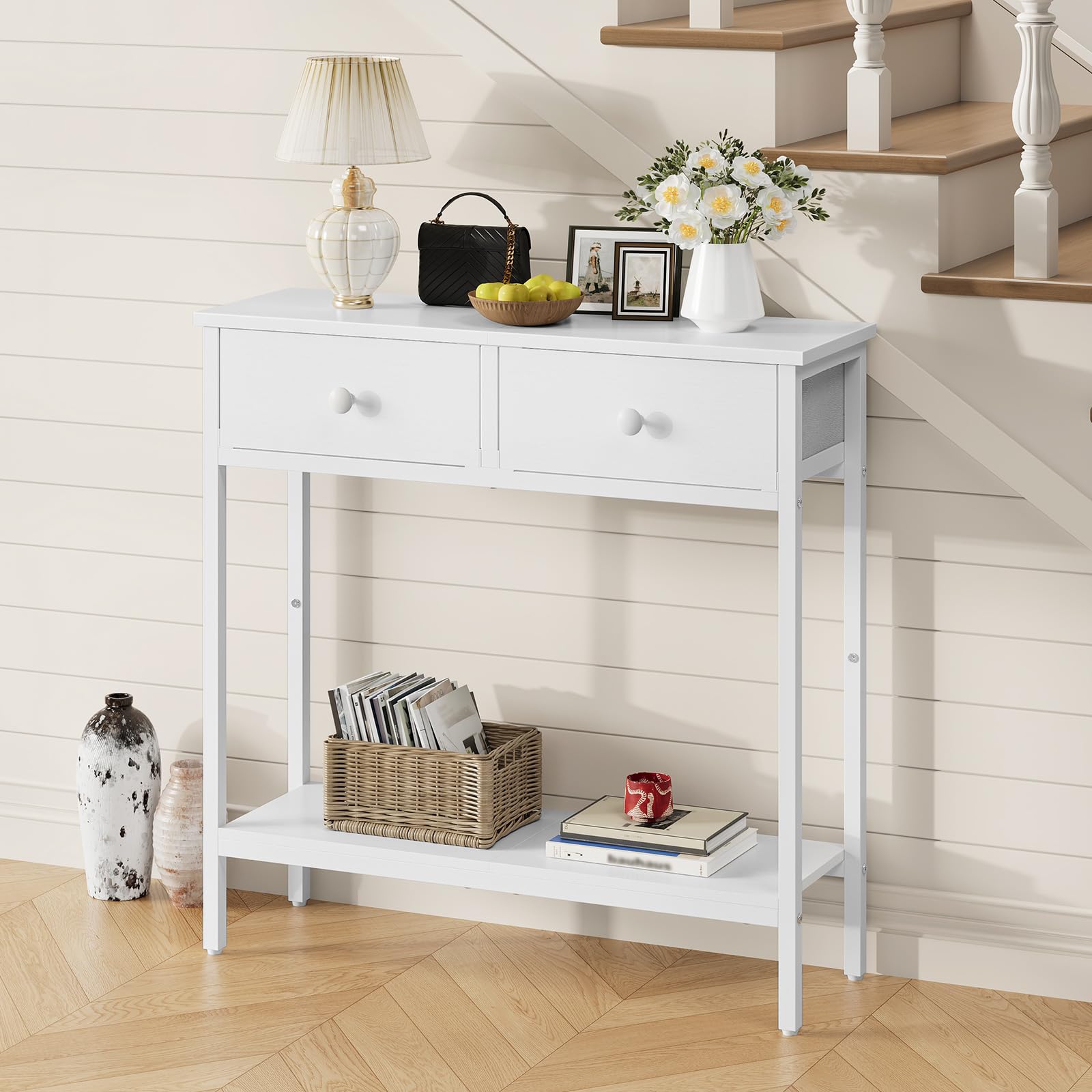 HOOBRO Consolle Ingresso, Tavolo con 2 Cassetti di Tessuto, 75 x 24 x 75 cm Tavolo da Divano, per Corridoio, Entrata e Soggiorno, Struttura Stabile, Bianco EWW71XG01