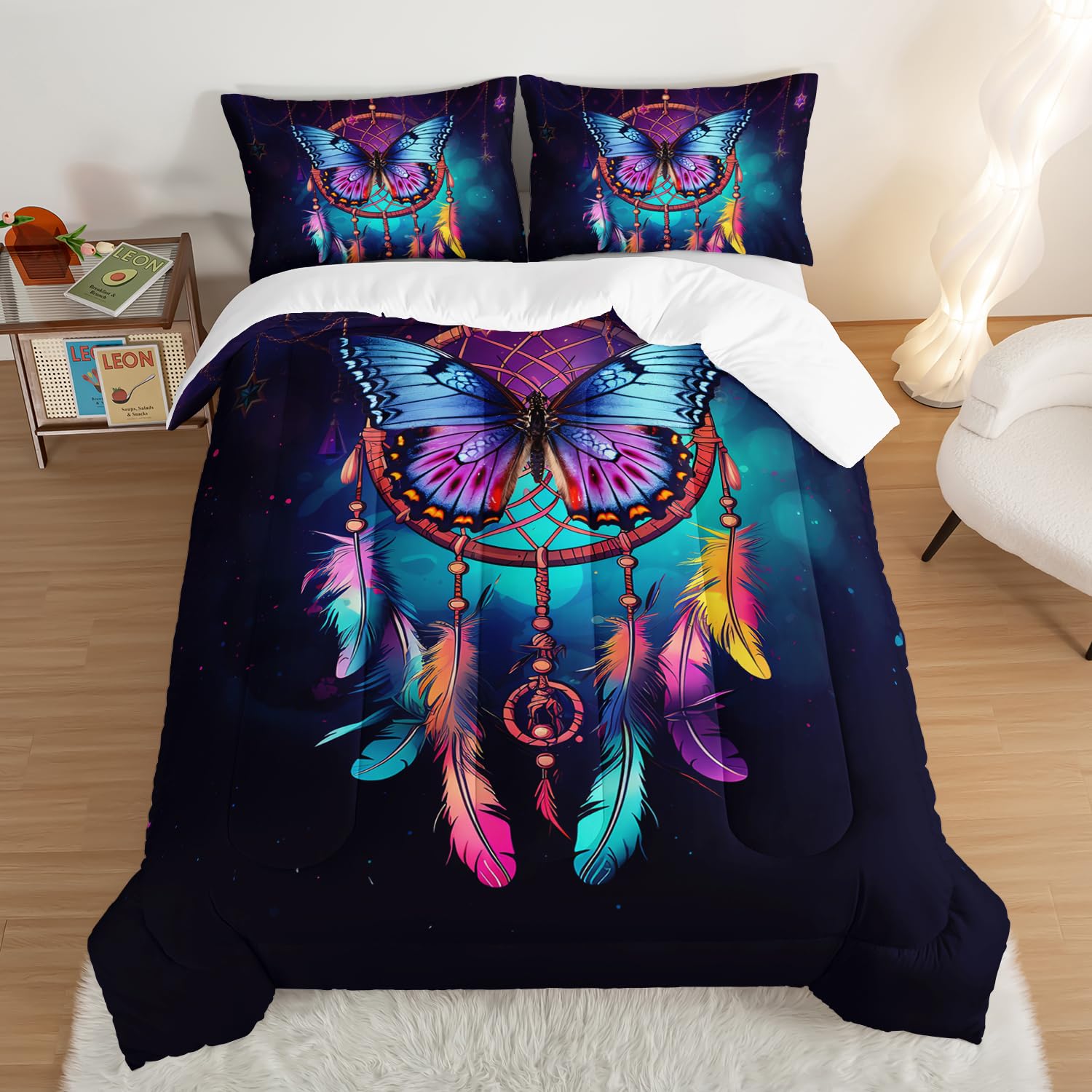 HOSIMA Set di biancheria da letto con acchiappasogni, 3 pezzi, stile indiano, hippie, piume, stile bohémien, chic, per adolescenti, adulti, ragazze, decorazione per la camera dei nativi americani,