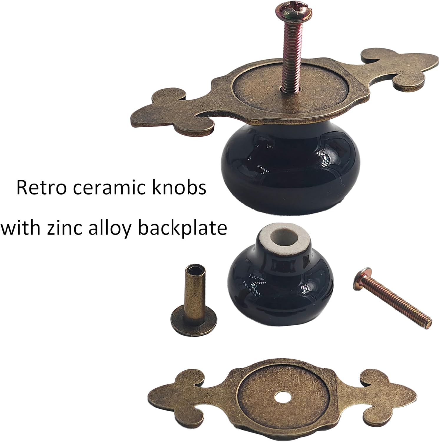 5Pcs Vintage Retro Ceramic Knobs with Zinc Alloy Backplates, Mushroom Shape Pull Handles, Antique Drawer Pull Handles for Dresser Cupboard Cabinet Wardrobe(Bronze+Black)