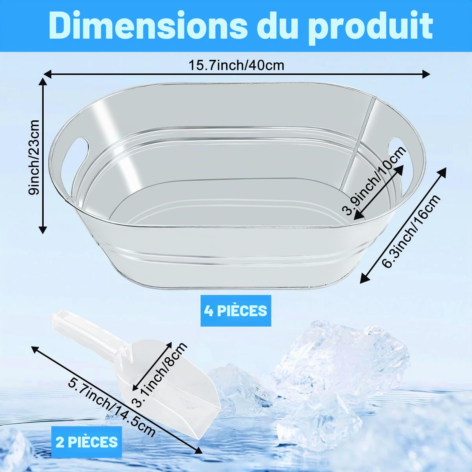 Lot de 4 grands seaux galvanisés en métal cuillères pour champagne et cocktails refroidissement de boissons pour fournitures de bar