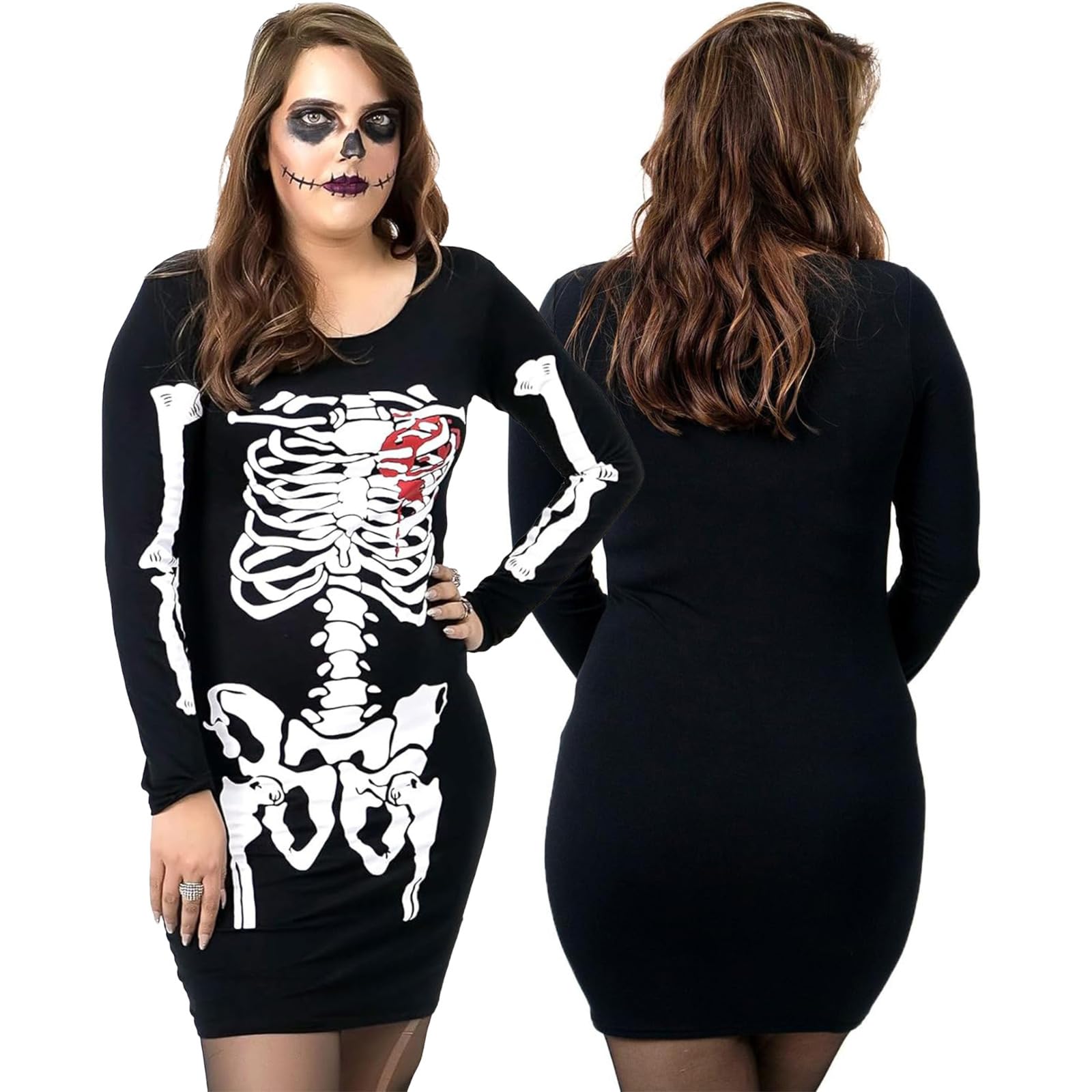 Noroze Women's Skeleton Heart Halloween Skeleton Bodycon Dress Tunic Tops Glow In The Dark Blood Heart Skull Bones Printed Top Costume Long Sleeve Costumes Dresses (8/10, )