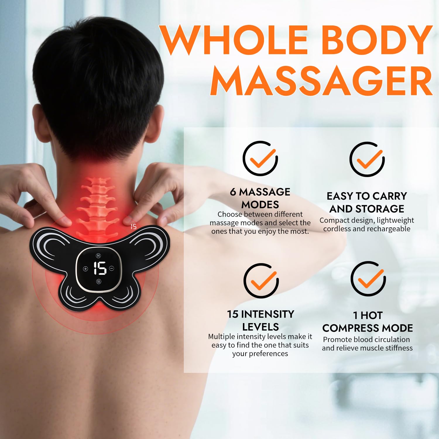Électrostimulateur Anti Douleur TENS Sans Fil,EMS Électrique Masseur d'épaule Cervical,6 Modes et 15 Forces Mini Masseur,pour Cou,Dos,Jambe,Genou et Muscles,un Soulagement Ciblé de la Intérieur