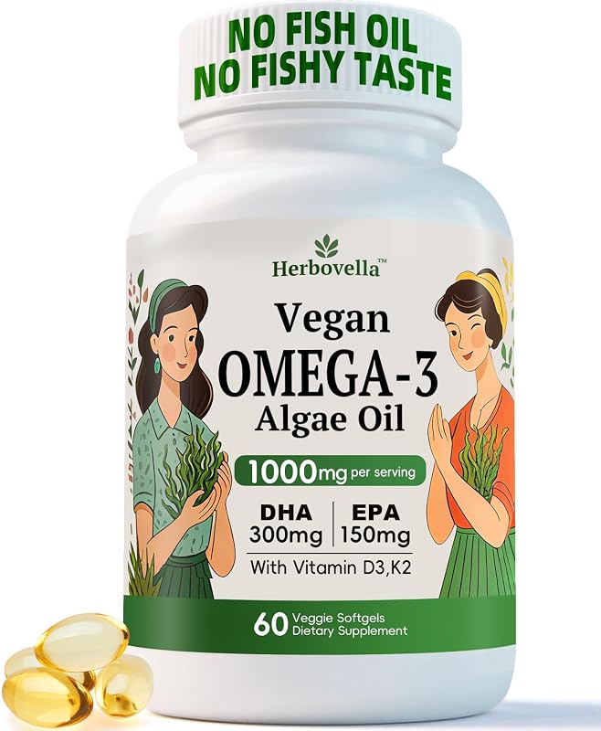 Herbovella Ômega-3 vegano de óleo de algas com DHA 300 mg, EPA 150 mg, vitamina D3 e K2, 60 cápsulas softgel