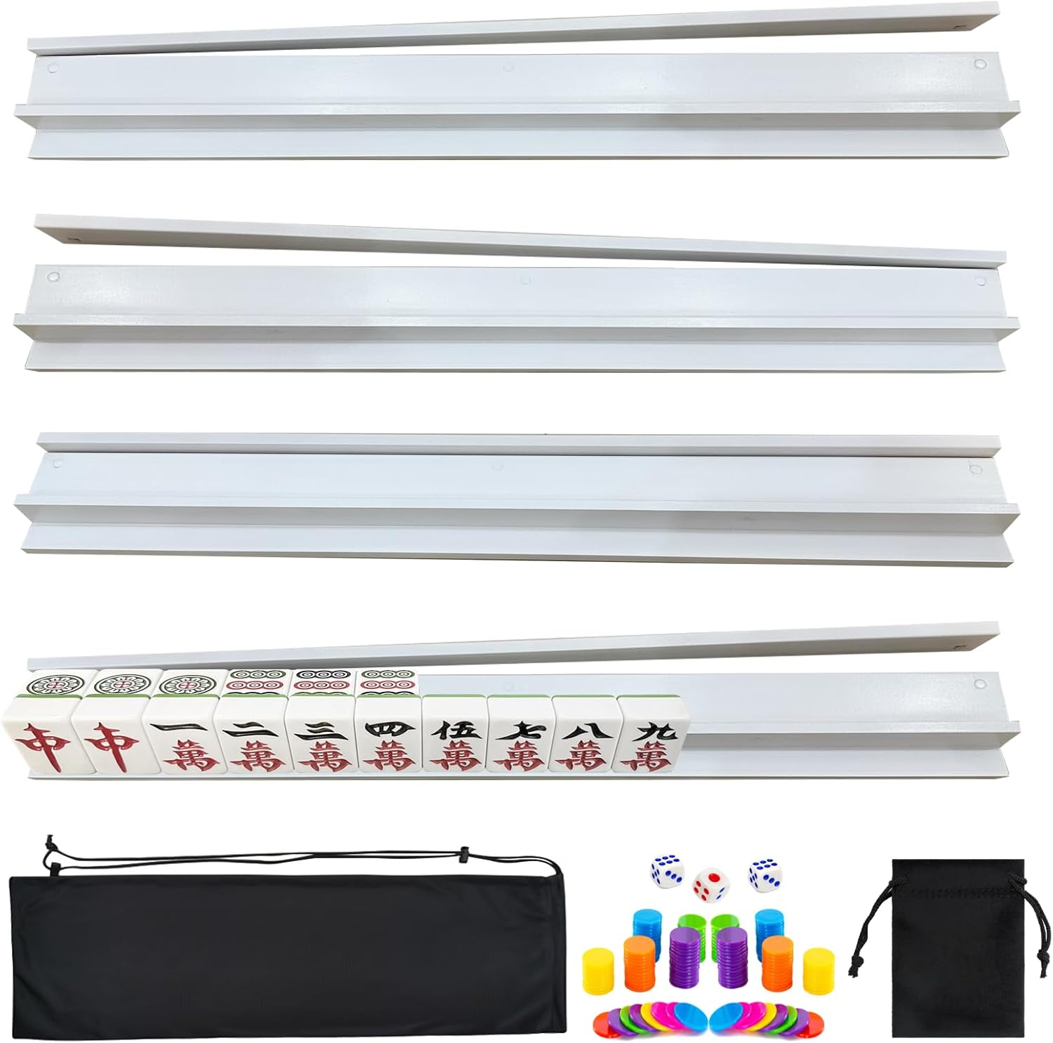 Mahjong Racks with Pushers, Wooden Mahjong Racks Set of 4 with Detachable Magnetic Pushers, Mahjong Tile Pushers and Racks, Includes Chips, Dice & Storage Bags, Mahjong Accessories (19.68 Inch)
