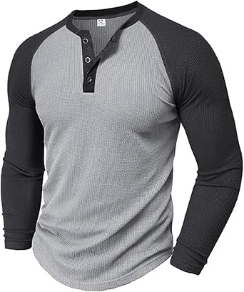 Henley Shirts for Men Color Block Raglan Long Sleeve Tops Lightweight Button Loose Athletic Tops Slim Fit Muscle Tees