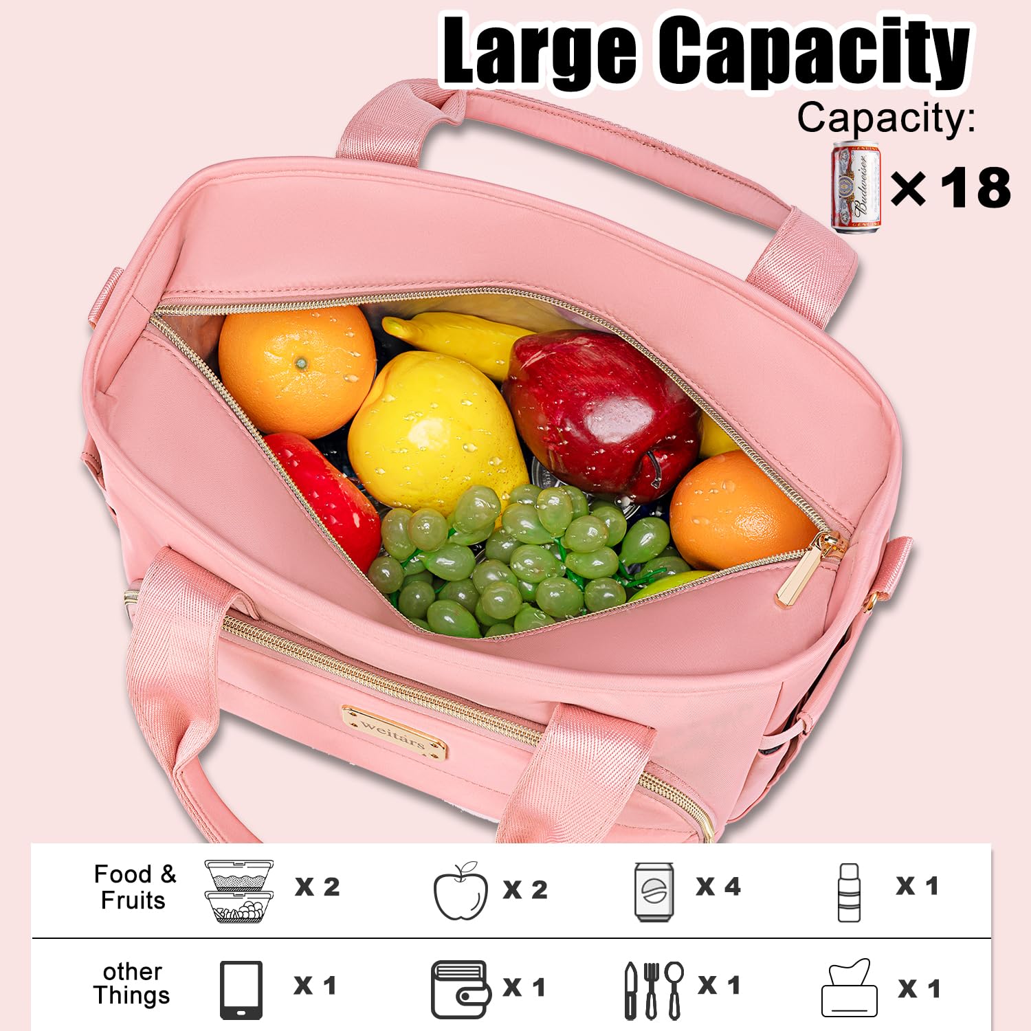 Lonchera térmica para mujer, lonchera a prueba de fugas para el trabajo, bolsa de almuerzo extragrande con correa para el hombro extraíble con bolsillos laterales, lonchera reutilizable para 2