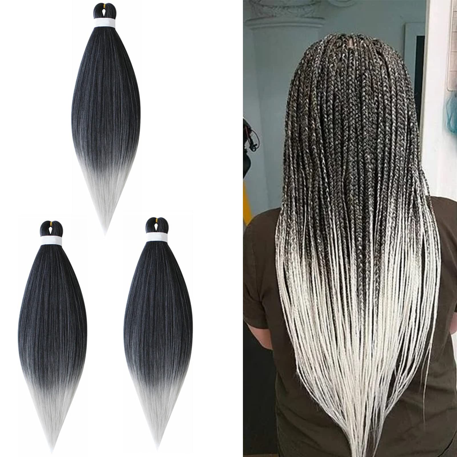 Cybelleza 65cm Extension per Treccine Africane Capelli Finti per Treccine EZ Pre Stretched Braiding Hair Pre Allungato Stirato Yaki Capelli Sintetici Lunghi Afro Trecce 3 Ciocche, Nero & Grigio