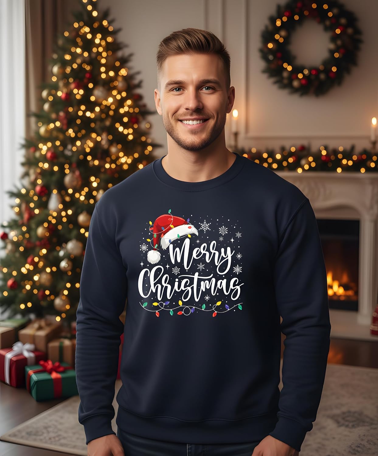 Merry Christmas Lights Red Santa Hat Family Matching Xmas Squad T-Shirt for Men Women Kids Funny Gift for Dad Mom
