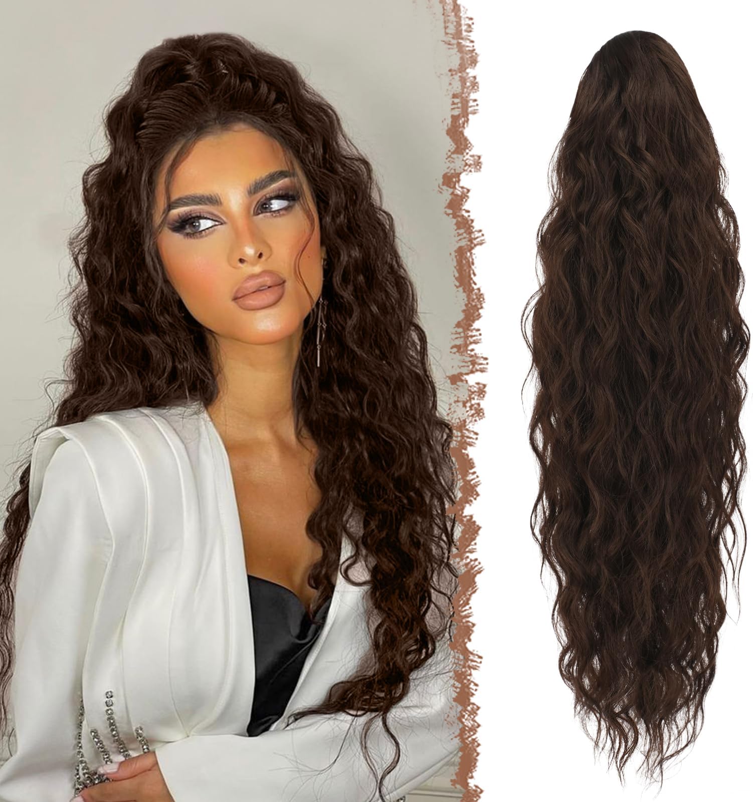 FESHFEN Long Curly Wavy Drawstring Ponytail Extensions Clip in Wavy Synthetic Hairpieces Dark Brown Drawstring Ponytail Curly Hair Piece Pony Tail Extension for Women, 26 inch