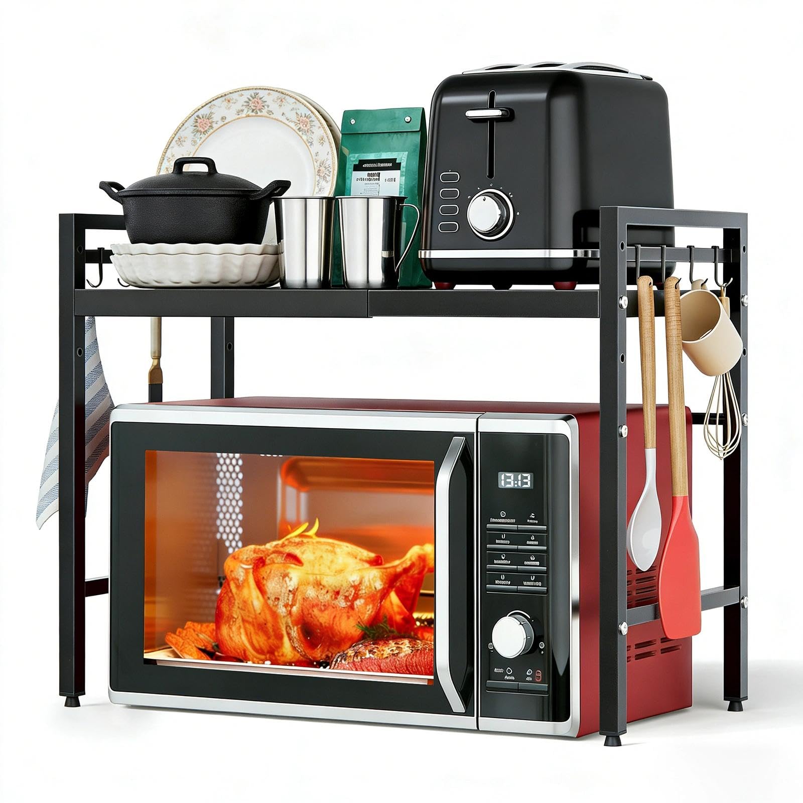 Mensola Microonde Estensibile, Acciaio Carbonio Ripiano Contatore Cucina Organizzatore Ripiani, Con 6 Ganci, Allungabile da 40 a 64 cm, Per Piani di Lavoro, Griglie da Forno e Contenitori da Cucina