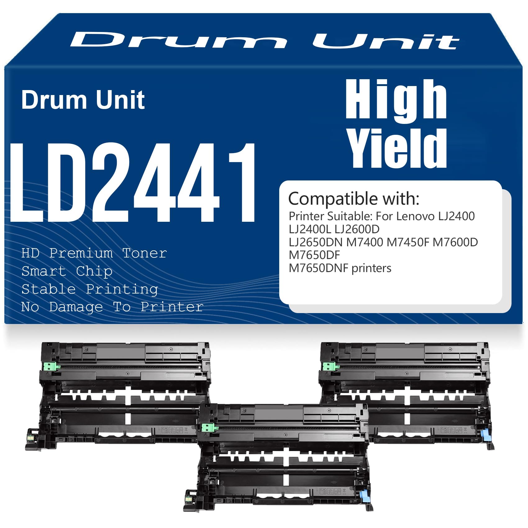 Unità tamburo ad alta resa LD2441 Compatibile per Lenovo LJ2400 LJ2400L LJ2600D LJ2650DN M7400 M7450F M7600D M7650DF M7650DNF Stampanti,3PC-Black