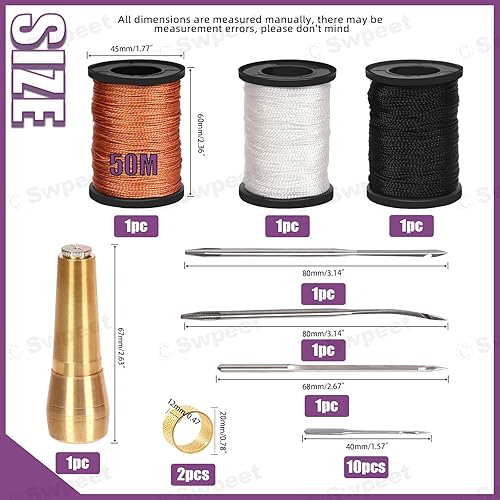 Miniatura 2 de Swpeet Kit de punzón y aguja de cuero de lona portátil de 19 piezas con cordón encerado de nailon, juego surtido de dedales de hilo de cobre,