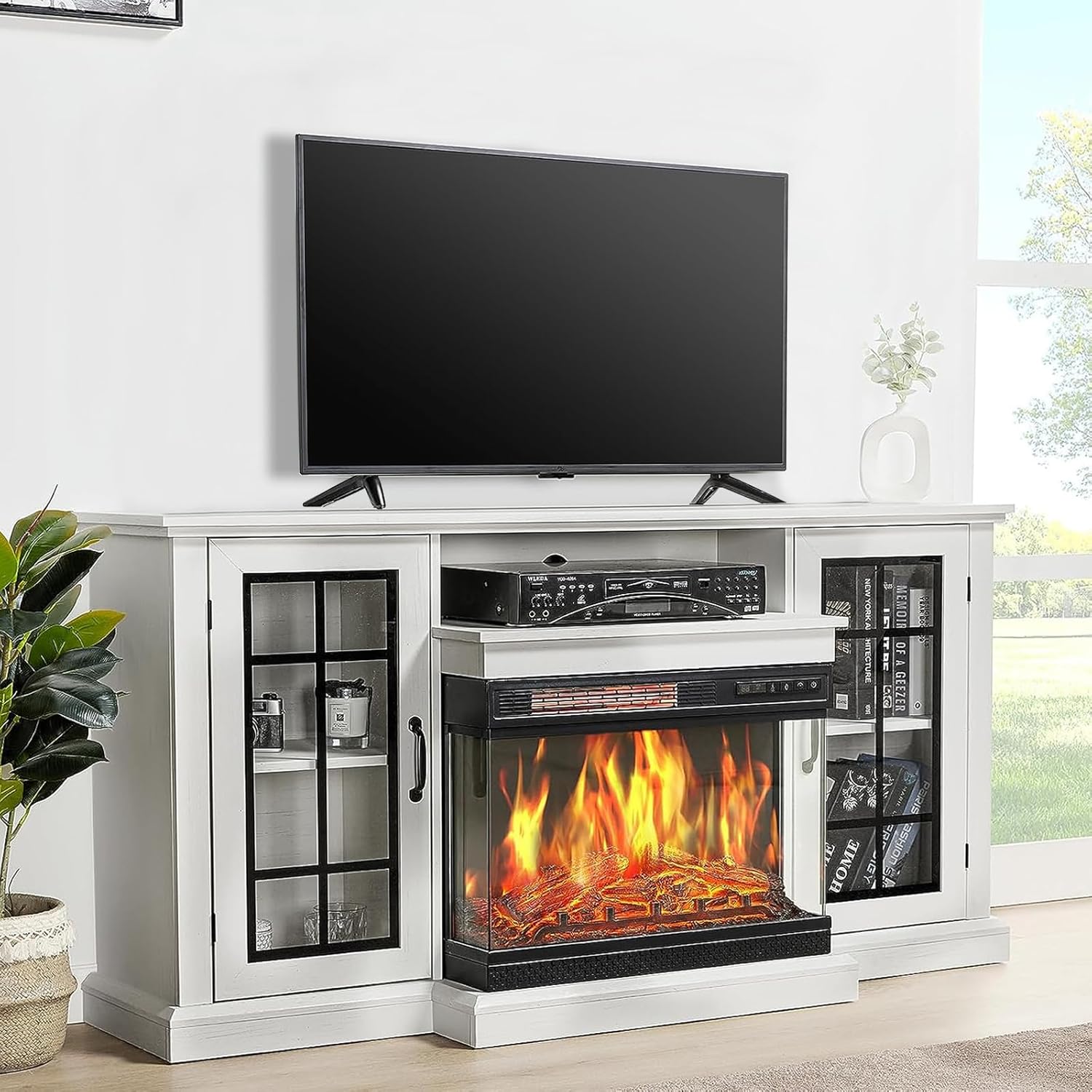 Soporte de TV con chimenea eléctrica de vidrio de 3 lados, centro de entretenimiento multimedia de 59 pulgadas con gabinete de almacenamiento de