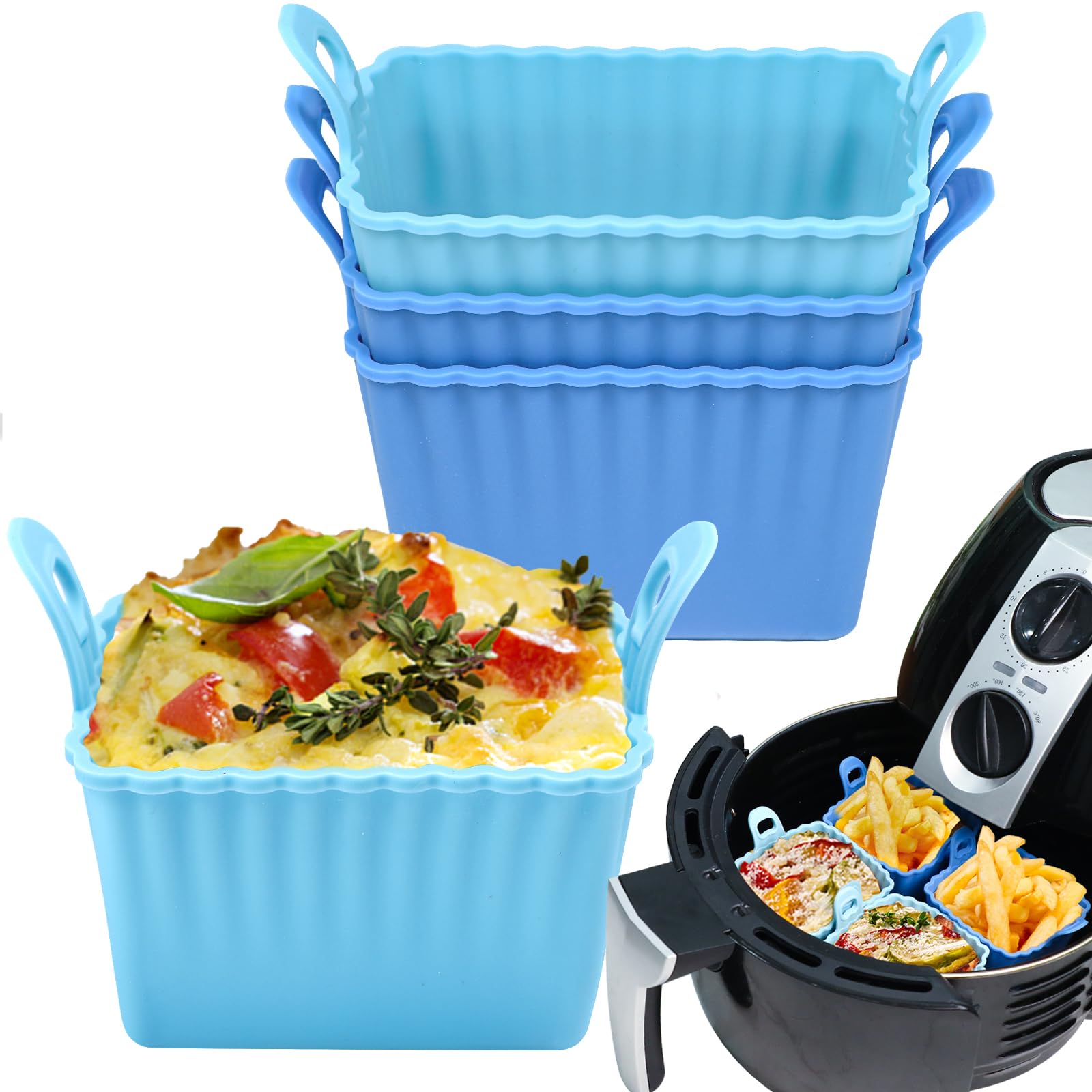 Koluti Nonstick Silicone Muffin Baking Cups Pack of 4, Reusable Cupcake Molds with Double Handle, BPA Free, Small Rectangle Air Fryer Cupcakes Liner, 2 Colors